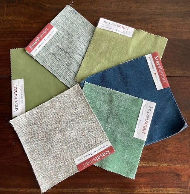 Curated Fabricut upholstery fabric collection in light neutrals and blue accents, selected by the Finish Pros design team in Raleigh, NC.