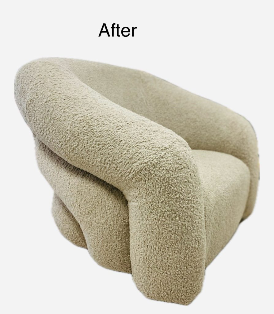 Reupholstered armchair with modern fabric, showcasing the expert craftsmanship of Finish Pros' reupholstery services