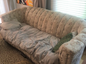 1920s vintage channel-back sofa in poor condition with sagging cushions and worn floral fabric, prior to professional restoration by Finish Pros.