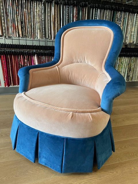 Custom reupholstered French-style armchair in two-tone velvet fabric by Finish Pros in Raleigh, NC
