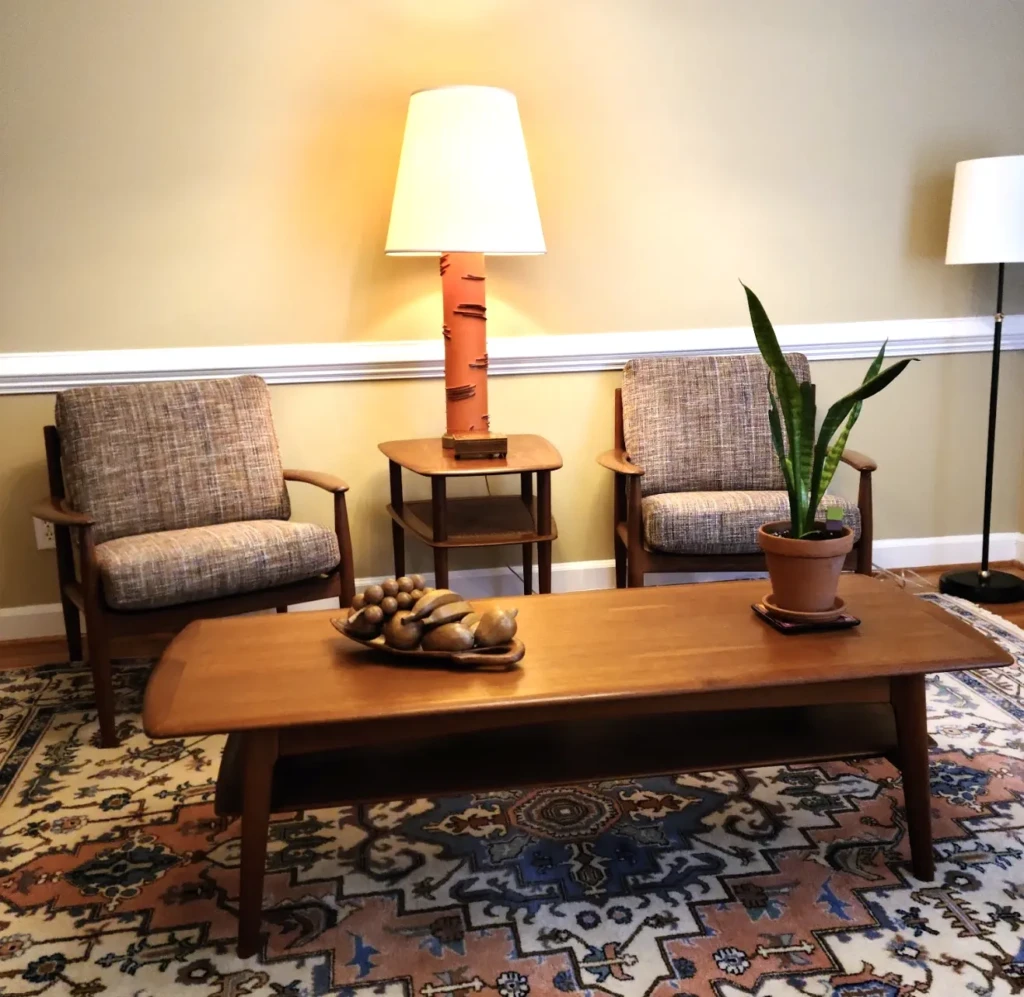 Mid-century lounge chairs and tables refinished and reupholstered in Triangle area