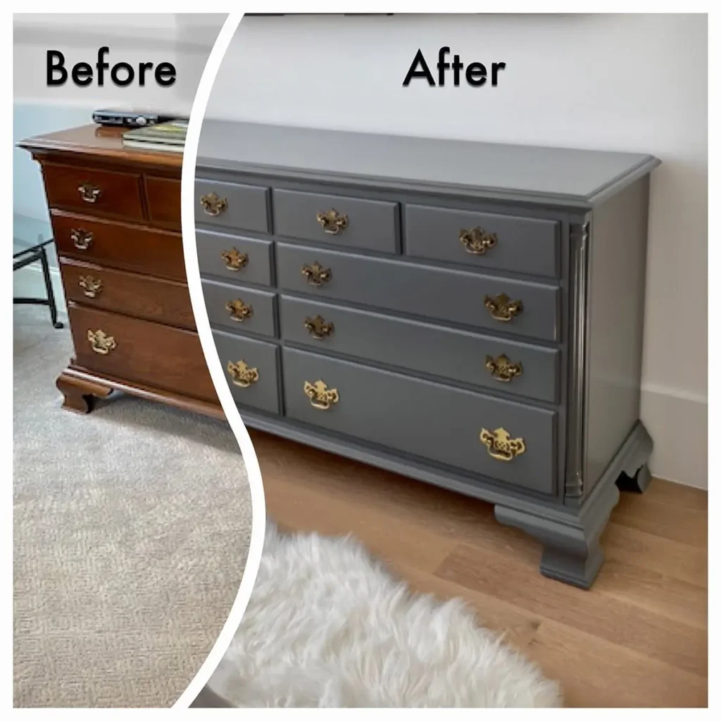 Will I ruin my furniture by painting? 3 This cherry double dresser was finished in a lacquer custom mixed to match Sherwin Williams SW 7674 Peppercorn lacquer painted finish with brass pulls, refinished by Finish Pros in Raleigh NC.