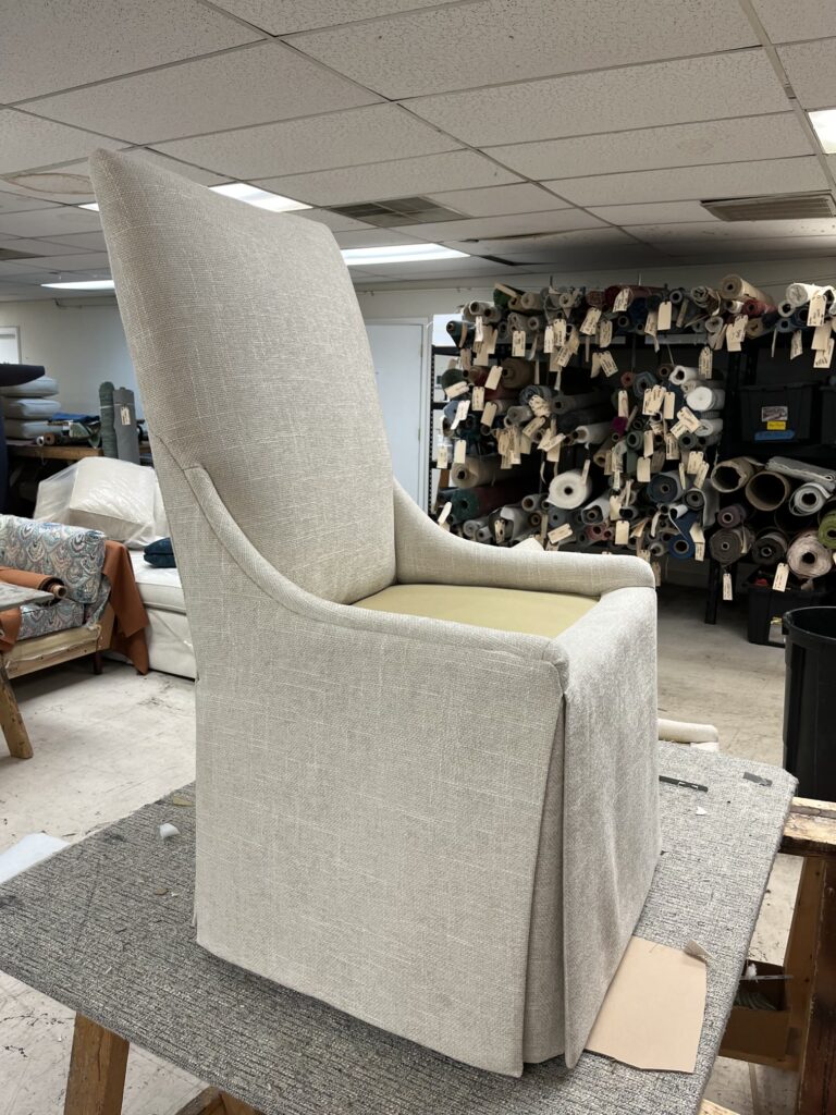 The Art of Reupholstery: How Finish Pros Transforms Raleigh Furniture with Craftsmanship and Care 5 After Image: Fully reupholstered Parsons chair by Finish Pros featuring new foam and premium textured fabric, restored to like-new condition with meticulous attention to detail.