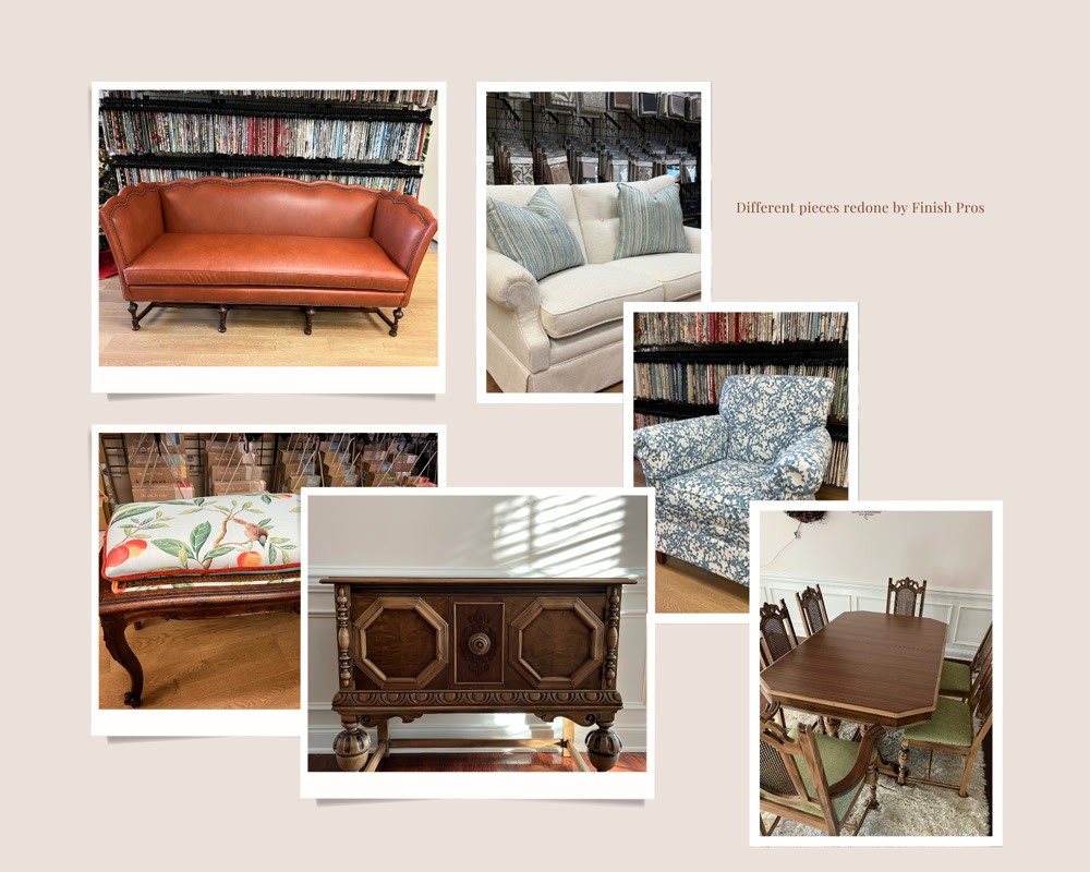 What to look for in quality furniture 7 Collage of furniture pieces completed by Finish Pros, showcasing a range of styles including upholstered sofas and chairs, vintage accent seating, refinished case goods, and dining furniture from around the Triangle area.