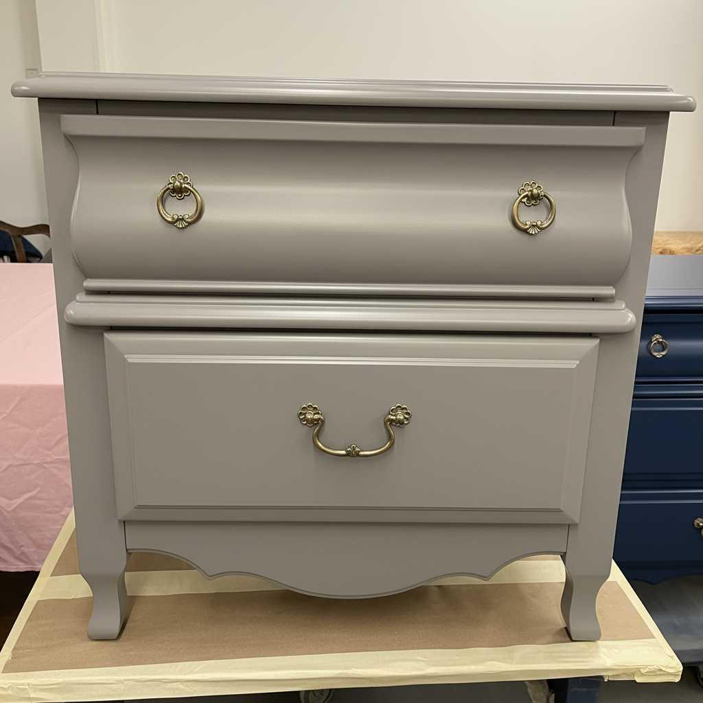 2026 Furniture Color Trends: How to Refresh Your Home with Expert Refinishing & Upholstery 2 Neutral lacquered nightstand in a soft greige finish with updated brass hardware, showcasing a smooth, modernized look ideal for bedroom case goods and accent storage, professionally refinished by Finish Pros in Raleigh.