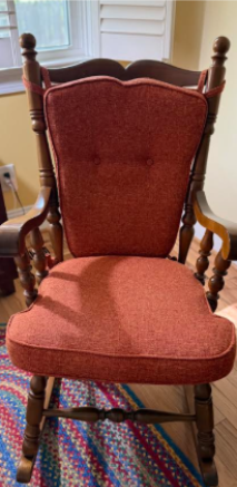 What to look for in quality furniture 1 Rocking chair shown prior to restoration, featuring its original wood finish and worn upholstery. This before photo documents the piece before being fully stripped, re-stained, and reupholstered.