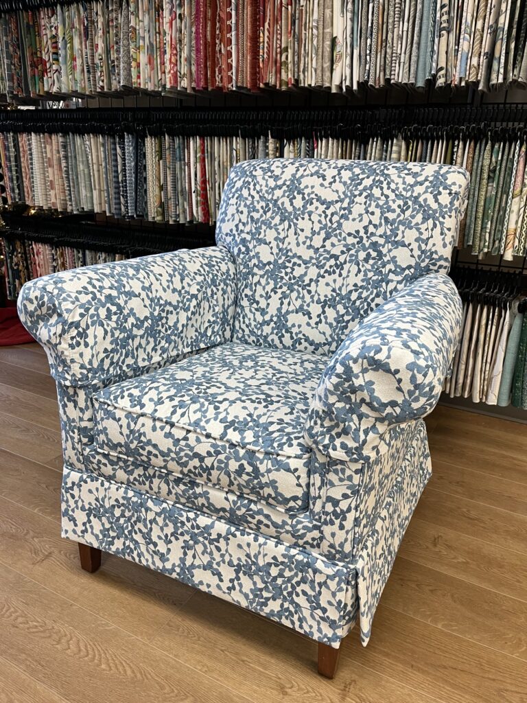 What to look for in quality furniture 5 Vintage armchair after full reupholstery in Barrows Liverpool 11914 fabric. The completed piece features renewed comfort, clean tailoring, and a timeless look while preserving the chair’s original character.