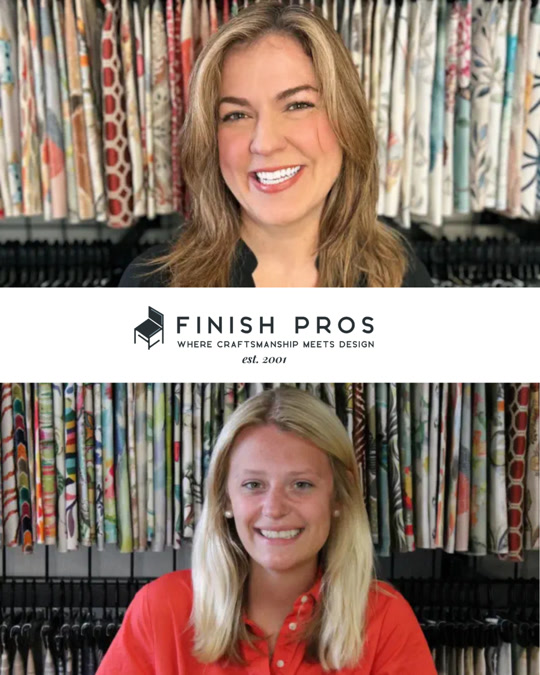 What Happens During a Finish Pros Design Consultation? 1 What Happens During a Finish Pros Design Consultation?Finish Pros designers Colleen Kruszewski (top) and Grayson Smith (bottom) in Raleigh NC showcasing fabric selections for custom upholstery, furniture reupholstery, and furniture refinishing near you